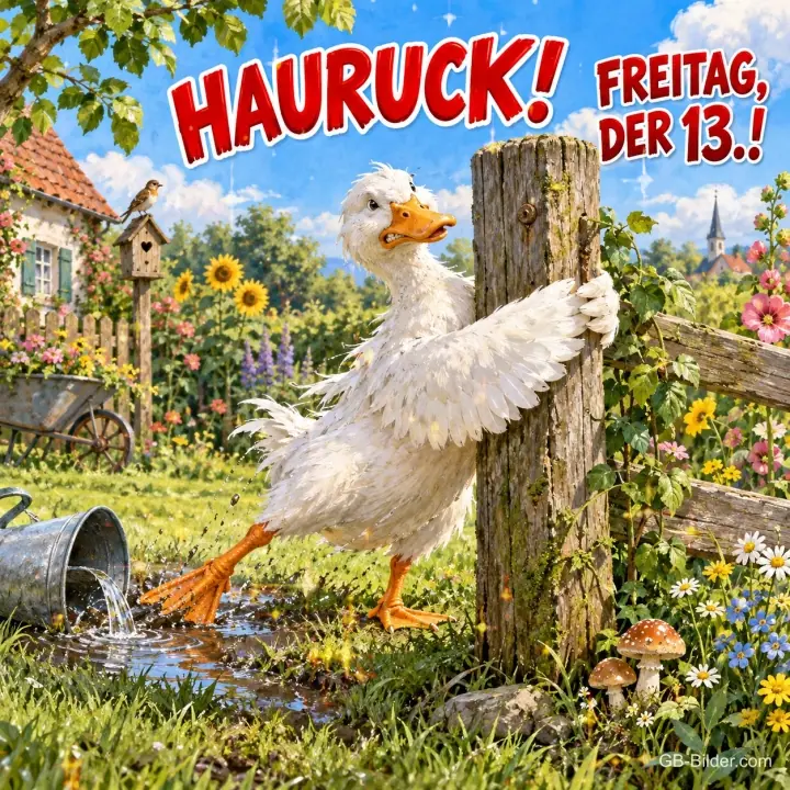Weiße Ente schleppt einen Pfahl durch einen Bauerngarten, Text: HAURUCK! – FREITAG, DER 13.!