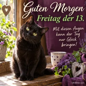 Schwarze Katze sitzt am Fenster neben Lavendel, Text: Guten Morgen – Freitag der 13. – Mit diesen Augen kann der Tag nur Glück bringen!