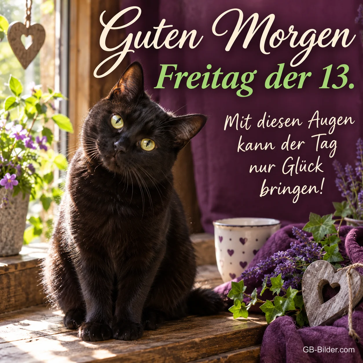 Schwarze Katze sitzt am Fenster neben Lavendel, Text: Guten Morgen – Freitag der 13. – Mit diesen Augen kann der Tag nur Glück bringen!