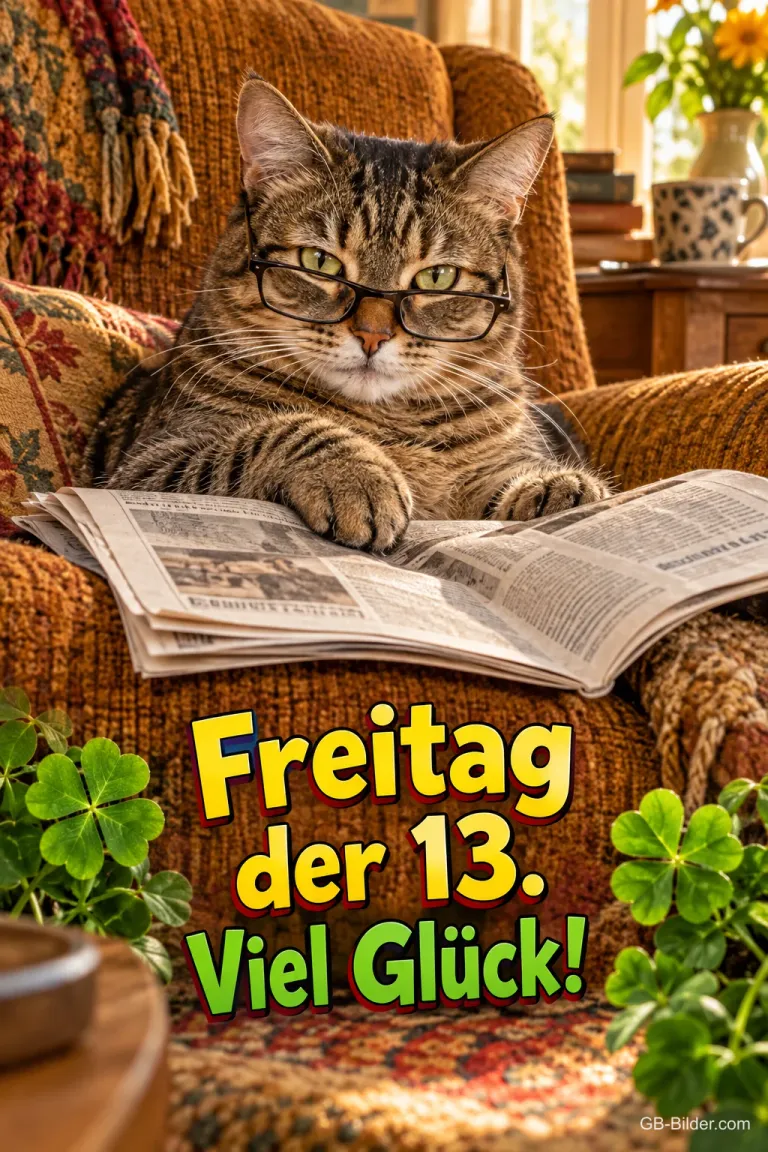 Getigerte Katze mit Brille liest Zeitung im Sessel, Kleeblätter, Text: Freitag der 13. – Viel Glück!