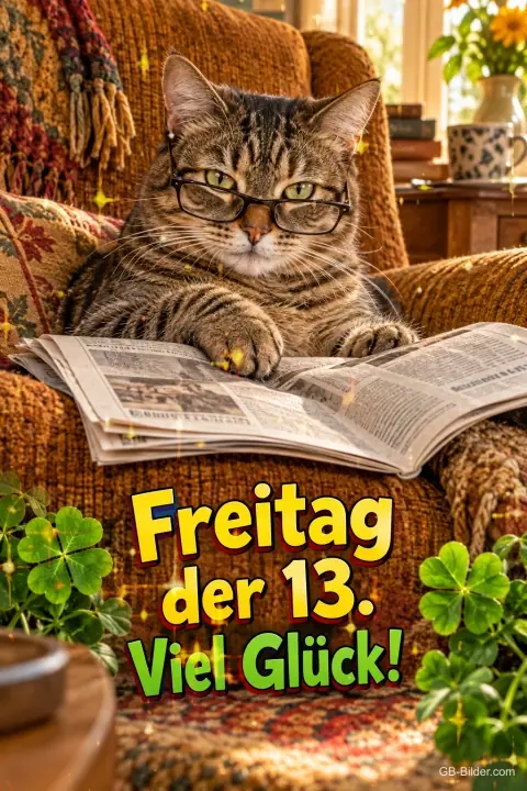 Getigerte Katze mit Brille liest Zeitung im Sessel, Kleeblätter, Text: Freitag der 13. – Viel Glück!