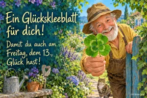 Lachender Gärtner reicht ein vierblättriges Kleeblatt über ein Gartentor, Text: Ein Glückskleeblatt für dich! – Damit du auch am Freitag, dem 13., Glück hast!