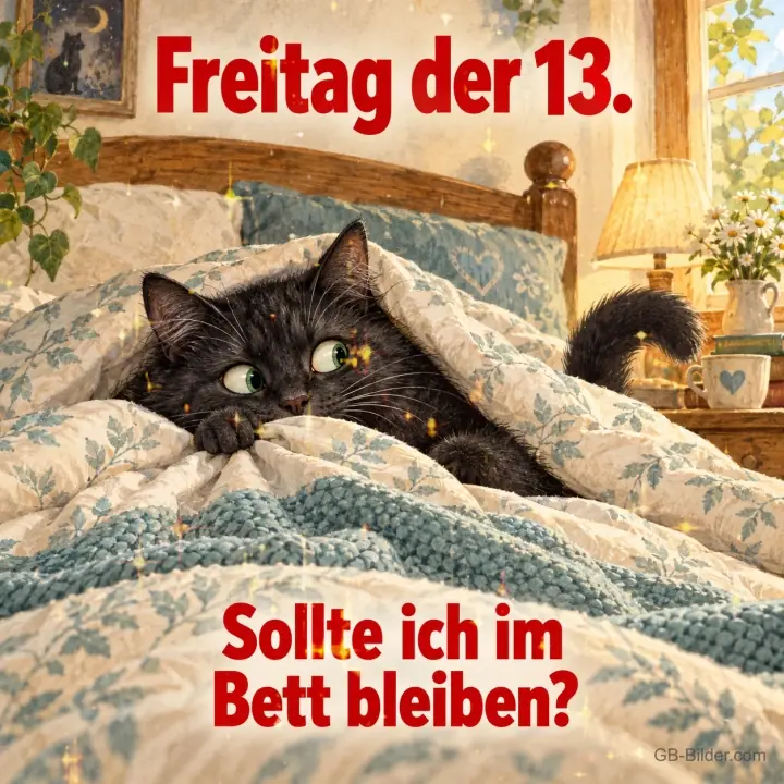 Schwarze Katze schaut unter der Bettdecke hervor, Text: Freitag der 13. – Sollte ich im Bett bleiben?
