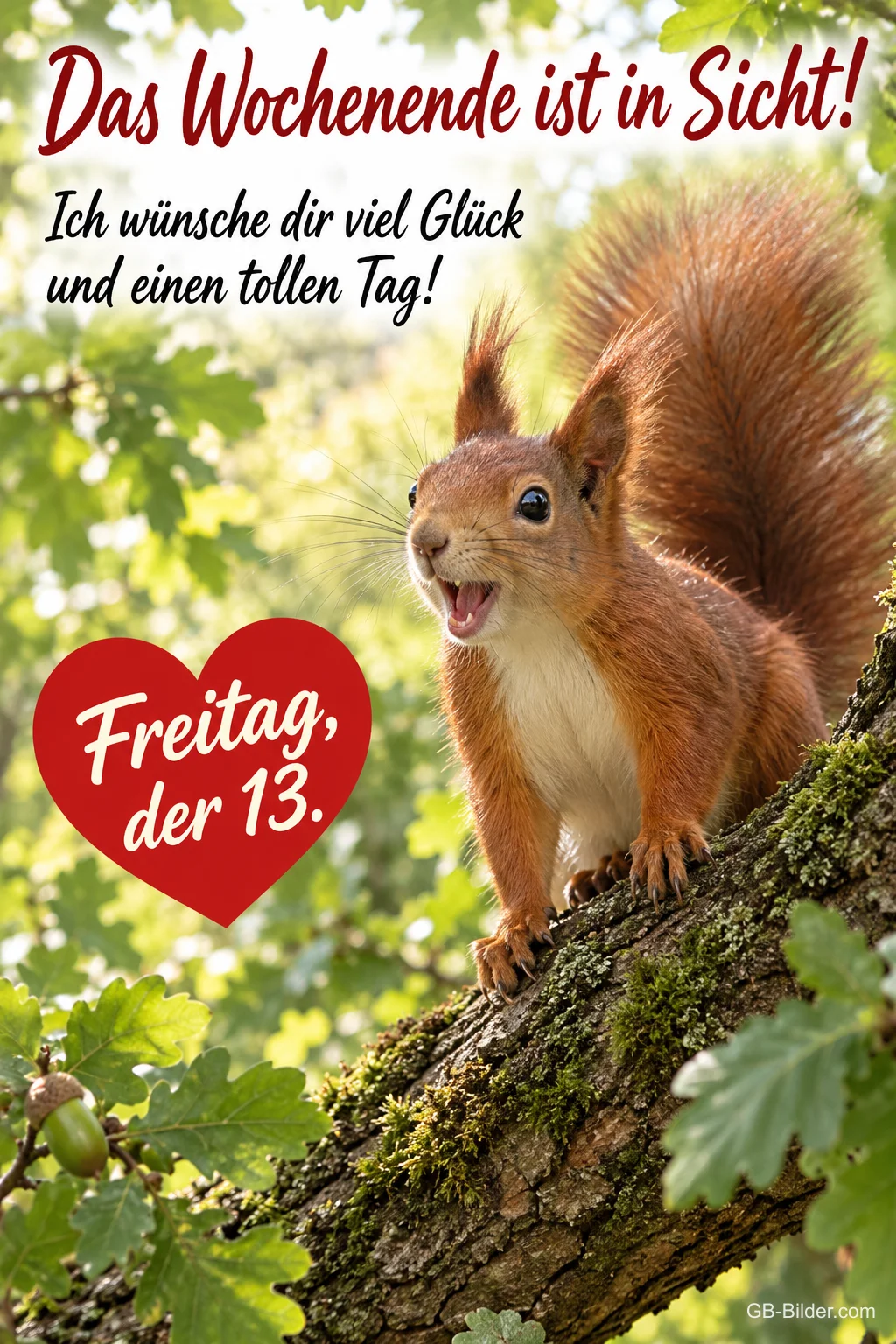 Eichhörnchen ruft aufgeregt von einem Baumstamm, Text: Das Wochenende ist in Sicht! – Ich wünsche dir viel Glück und einen tollen Tag! Freitag, der 13.