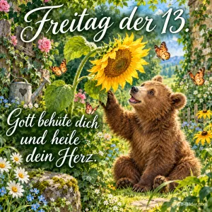 Bärenjunges greift nach einer Sonnenblume im Garten, Text: Freitag der 13. – Gott behüte dich und heile dein Herz.