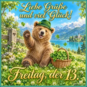 Bär mit grünem Hut und Korb voller Kleeblätter am Bergsee, Text: Liebe Grüße und viel Glück! – Freitag, der 13.