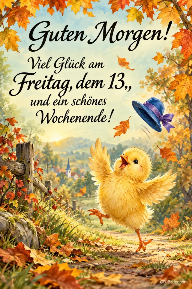 Küken jubelt im Herbstlaub, ein Hut fliegt, Text: Guten Morgen! – Viel Glück am Freitag, dem 13., und ein schönes Wochenende!