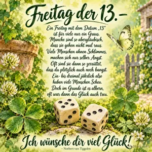 Zwei Würfel zwischen Kleeblättern im Garten, Schmetterling, Text: Freitag der 13. – Ein Freitag mit dem Datum „13“ ist für viele nur ein Graus. Manche sind so abergläubisch, dass sie gehen nicht mal raus. Viele Menschen ahnen Schlimmes, machen sich nur selber Angst. Oft sind sie dann so zerrüttet, dass du plötzlich auch noch bangst. Ein- bis dreimal jährlich also haben viele Menschen Scheu. Doch im Grunde ist es albern, oft war dann das Glück auch treu. Ich wünsche dir viel Glück! – Norbert van 