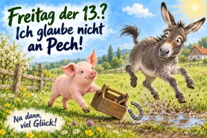 Ferkel mit Werkzeugkiste und springender Esel auf einer Wiese, Hufeisen, Text: Freitag der 13.? Ich glaube nicht an Pech! – Na dann, viel Glück!