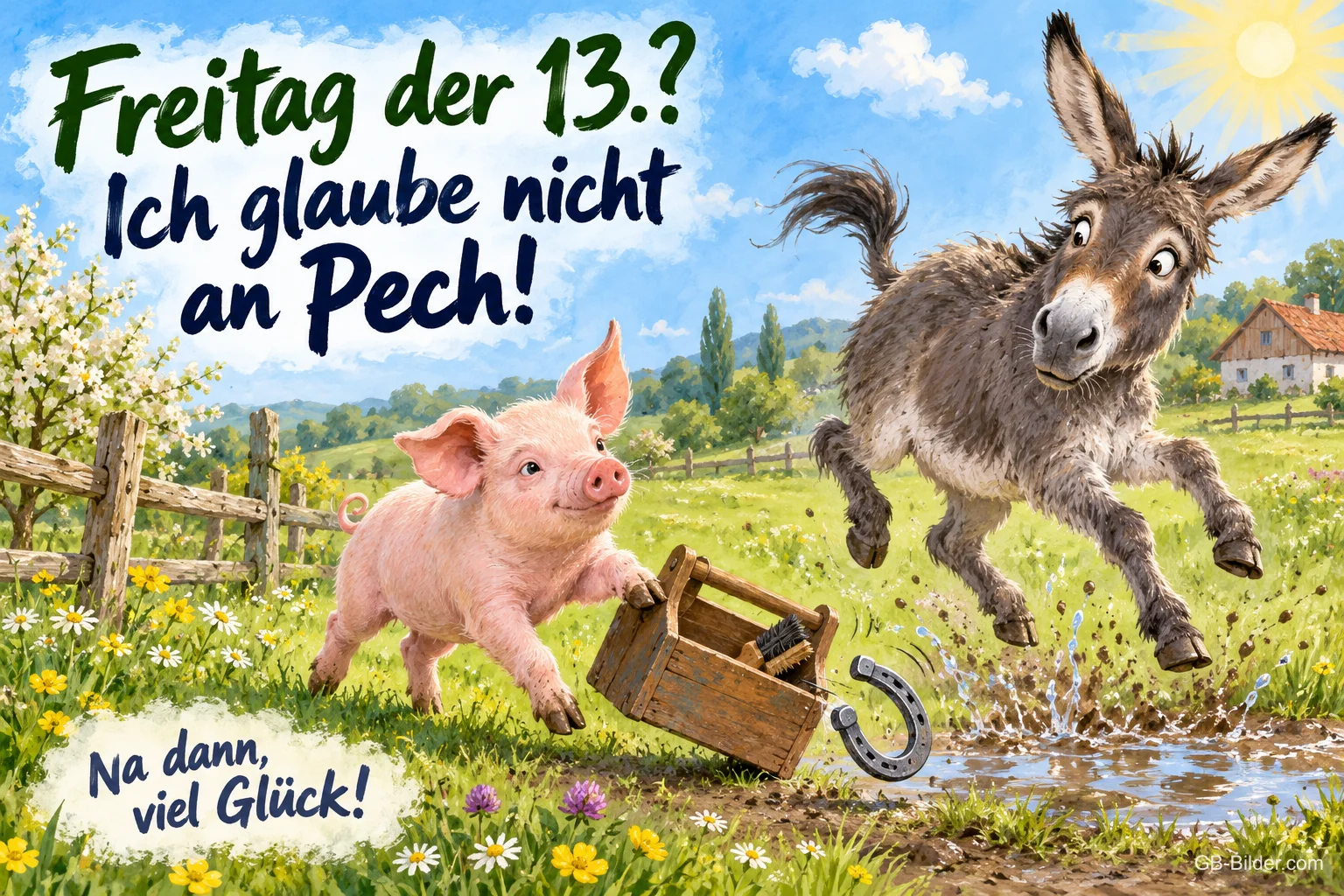 Ferkel mit Werkzeugkiste und springender Esel auf einer Wiese, Hufeisen, Text: Freitag der 13.? Ich glaube nicht an Pech! – Na dann, viel Glück!