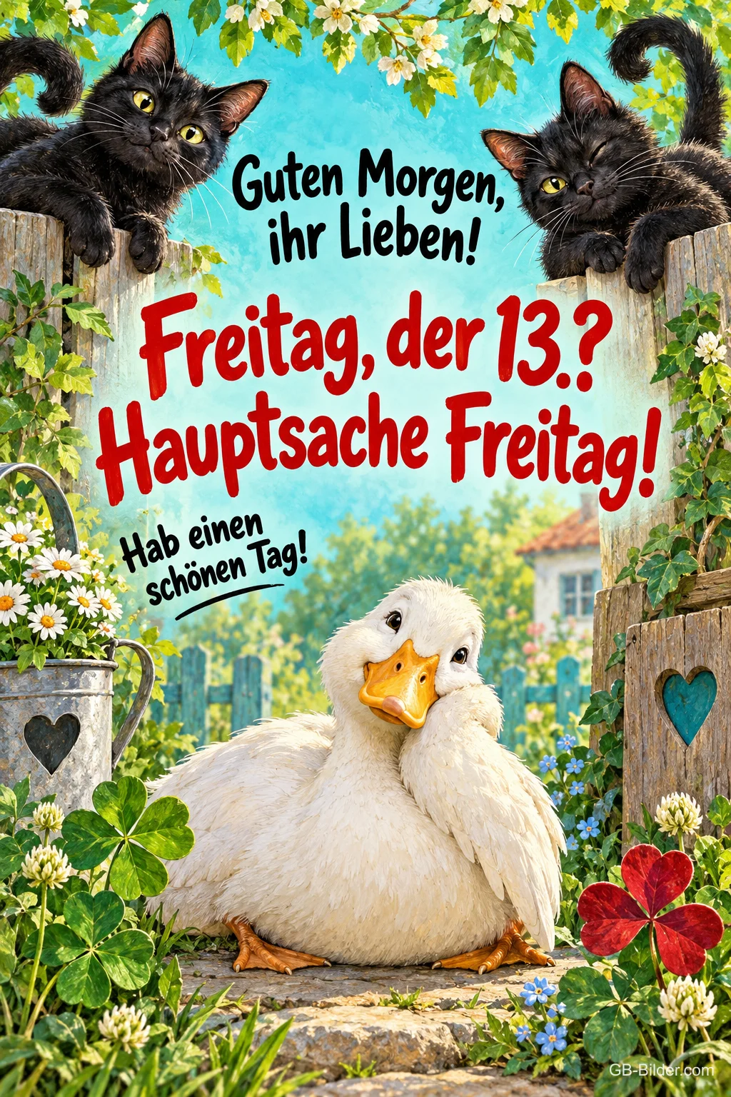Weiße Ente stützt den Kopf, zwei schwarze Katzen schauen über den Zaun, Text: Guten Morgen, ihr Lieben! – Freitag, der 13.? Hauptsache Freitag! Hab einen schönen Tag!