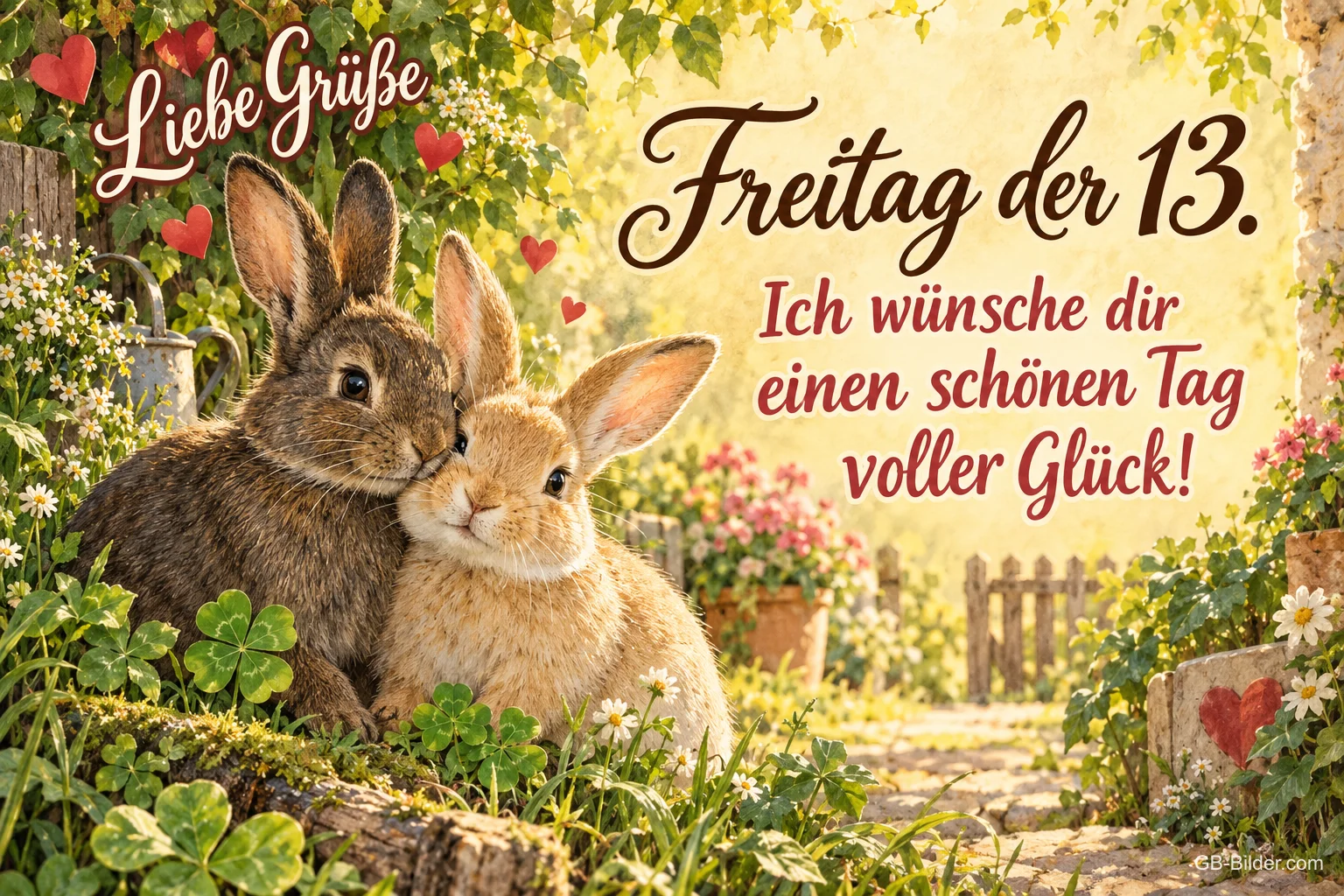 Zwei Hasen kuscheln in einem Garten mit Kleeblättern, Text: Liebe Grüße – Freitag der 13. Ich wünsche dir einen schönen Tag voller Glück!