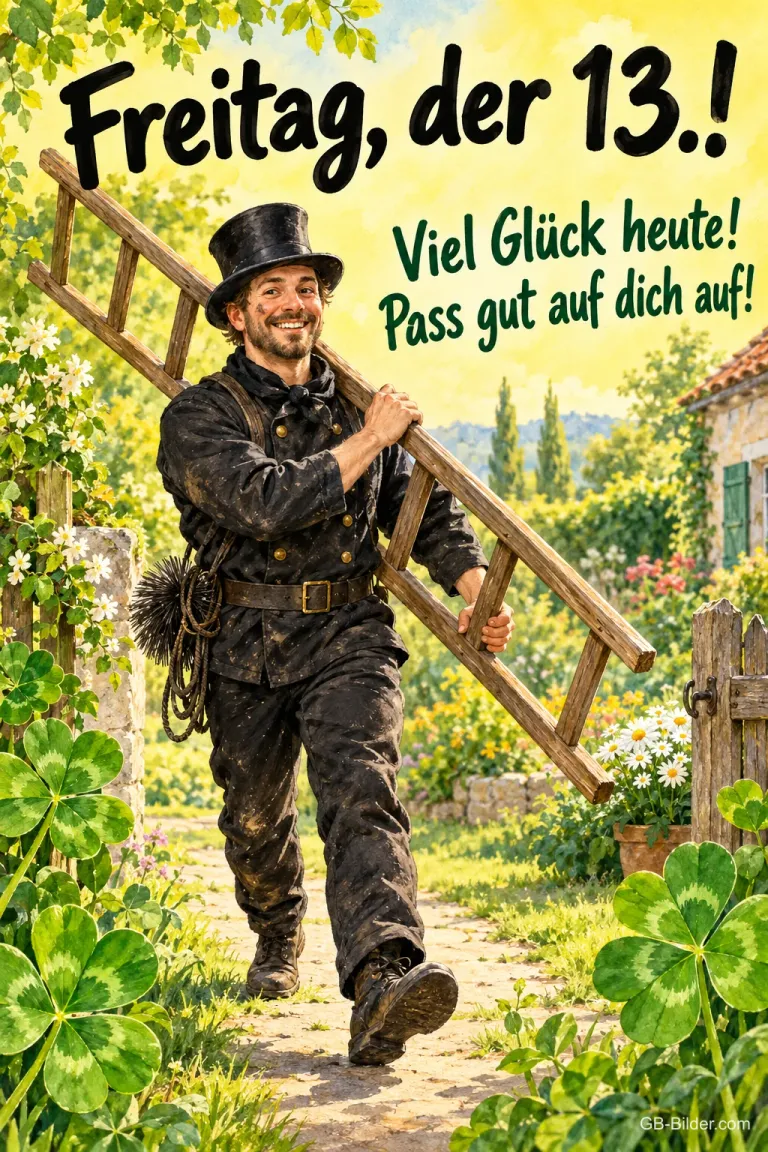 Lachender Schornsteinfeger mit Leiter zwischen Kleeblättern, Text: Freitag, der 13.! – Viel Glück heute! Pass gut auf dich auf!