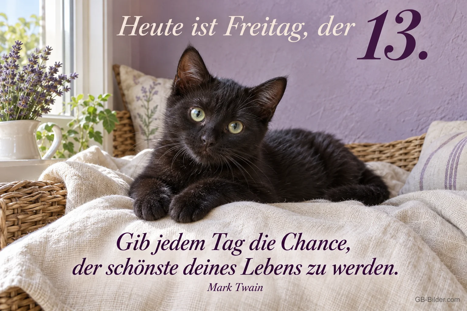 Schwarze Katze liegt auf einer weißen Decke am Fenster, Text: Heute ist Freitag, der 13. – Gib jedem Tag die Chance, der schönste deines Lebens zu werden. – Mark Twain