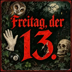 Rote Zahl 13 mit Eule, Handschuh, Billardkugel und Kleeblatt, Text: Freitag, der 13.
