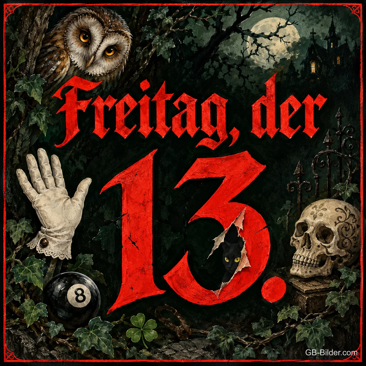Rote Zahl 13 mit Eule, Handschuh, Billardkugel und Kleeblatt, Text: Freitag, der 13.