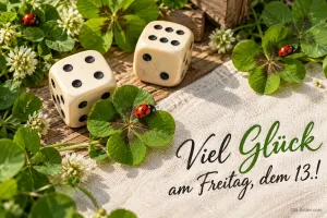 Zwei Würfel zwischen Kleeblättern und Marienkäfern, Text: Viel Glück – am Freitag, dem 13.!
