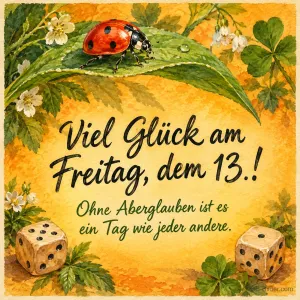 Marienkäfer auf einem Blatt, Würfel und Kleeblätter, Text: Viel Glück am Freitag, dem 13.! – Ohne Aberglauben ist es ein Tag wie jeder andere.
