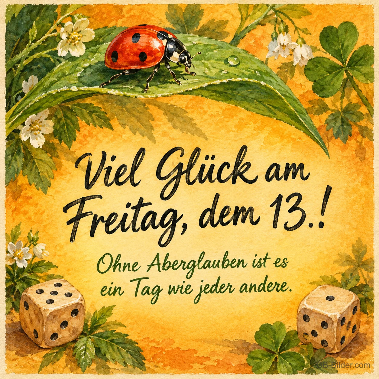 Marienkäfer auf einem Blatt, Würfel und Kleeblätter, Text: Viel Glück am Freitag, dem 13.! – Ohne Aberglauben ist es ein Tag wie jeder andere.
