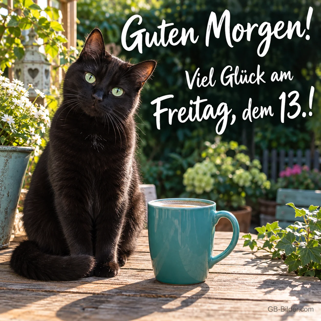 Schwarze Katze sitzt neben einer türkisen Tasse im Garten, Text: Guten Morgen! – Viel Glück am Freitag, dem 13.!