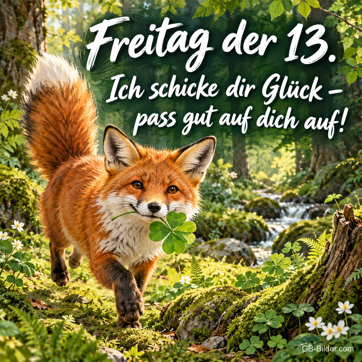 Fuchs mit Kleeblatt im Maul läuft durch einen Wald, Text: Freitag der 13. – Ich schicke dir Glück – pass gut auf dich auf!