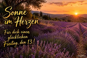 Lavendelfeld mit Bäumen im Sonnenuntergang, Text: Sonne im Herzen – Für dich einen glücklichen Freitag, den 13.!