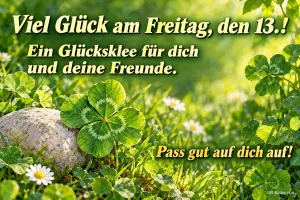 Vierblättriges Kleeblatt neben einem Stein im Gras, Text: Viel Glück am Freitag, den 13.! – Ein Glücksklee für dich und deine Freunde. Pass gut auf dich auf!