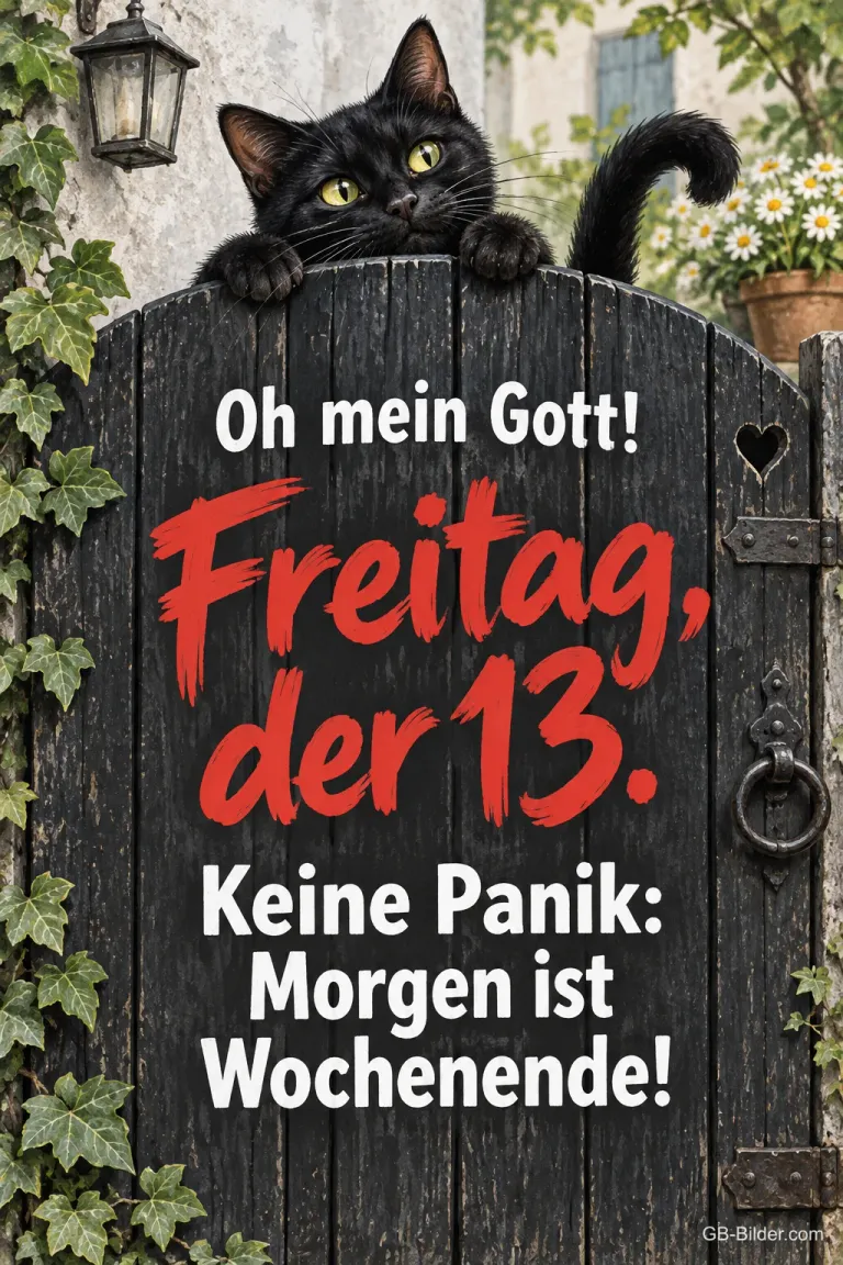 Schwarze Katze schaut über ein altes Holztor, Text: Oh mein Gott! Freitag, der 13. – Keine Panik: Morgen ist Wochenende!