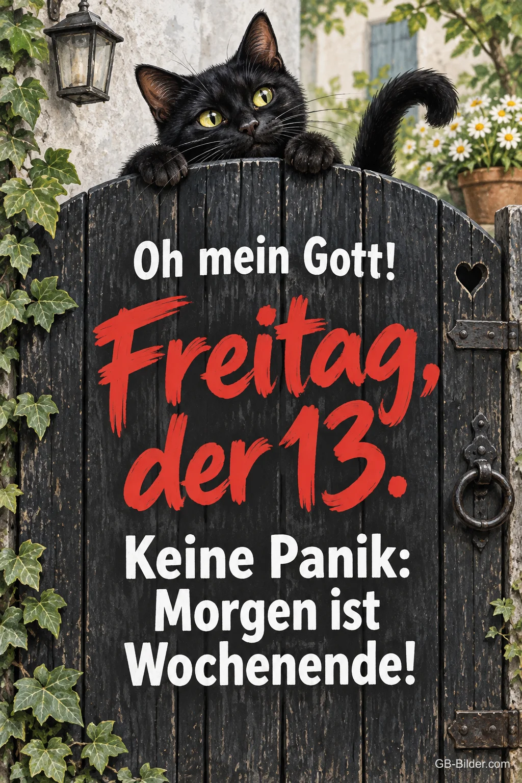 Schwarze Katze schaut über ein altes Holztor, Text: Oh mein Gott! Freitag, der 13. – Keine Panik: Morgen ist Wochenende!