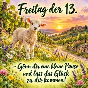 Lamm steht auf einem Weinbergweg im Sonnenuntergang, Text: Freitag der 13. – Gönn dir eine kleine Pause und lass das Glück zu dir kommen!