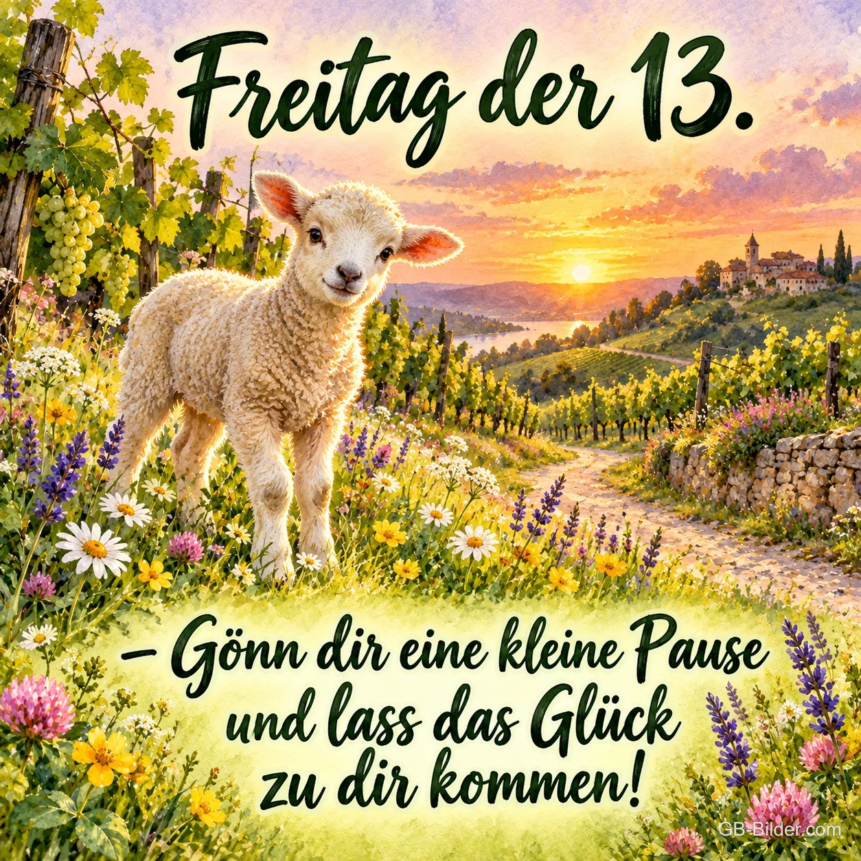 Lamm steht auf einem Weinbergweg im Sonnenuntergang, Text: Freitag der 13. – Gönn dir eine kleine Pause und lass das Glück zu dir kommen!