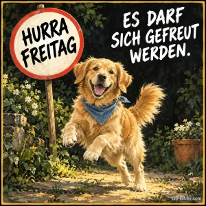 Springender Golden Retriever, Text: Hurra Freitag