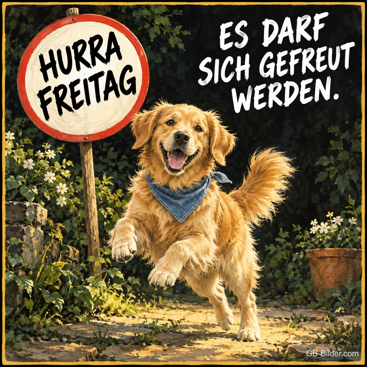 Springender Golden Retriever, Text: Hurra Freitag
