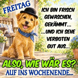 Hund mit Melone, lustiger Spruch, Text: FREITAG