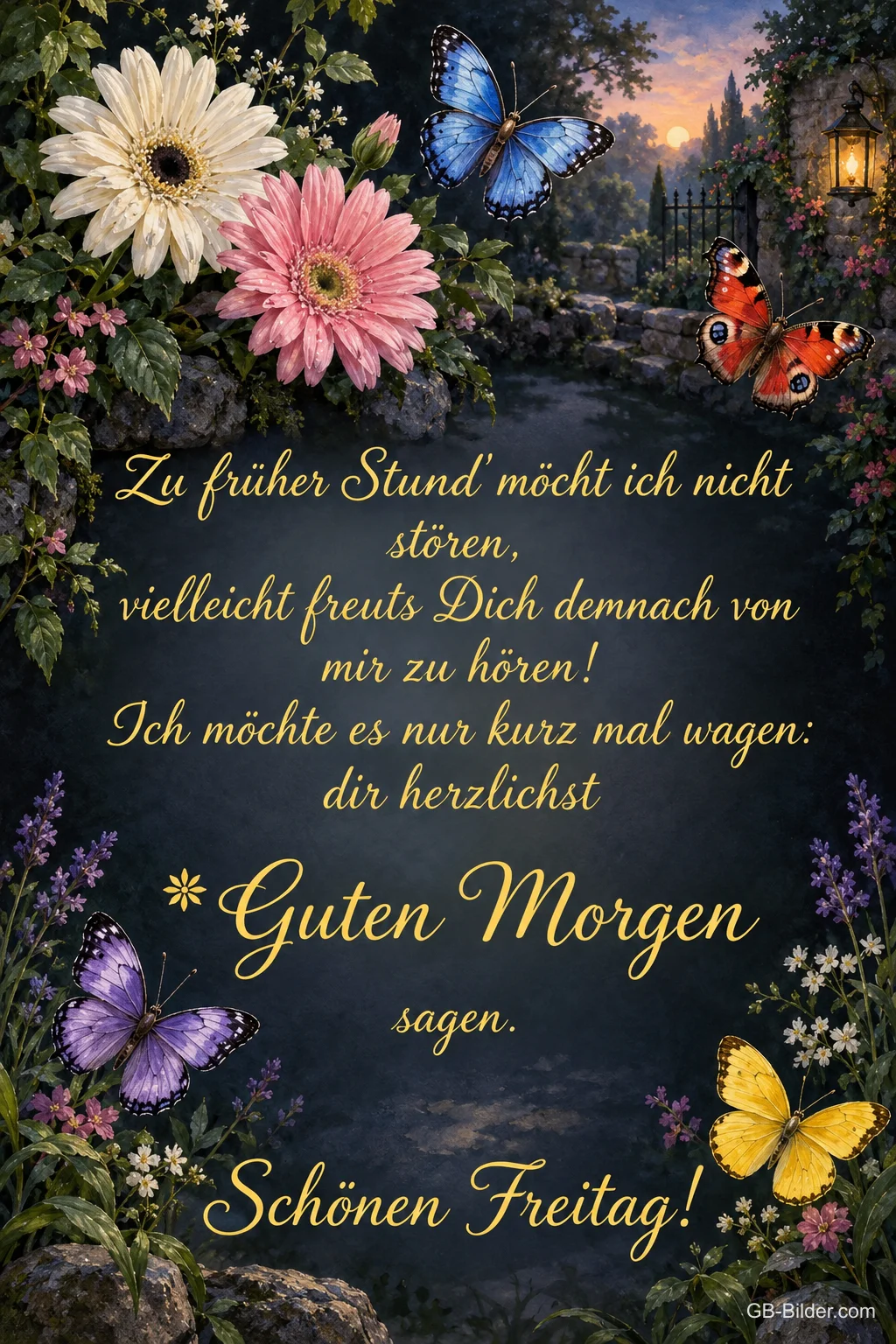 Gerbera mit Schmetterlingen, Text: Zu früher Stund' möcht ich nicht stören, vielleicht freut's Dich denno