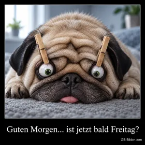Mops mit Wäscheklammern an den Augenlidern, Text: Guten Morgen... ist jetzt bald Freitag?