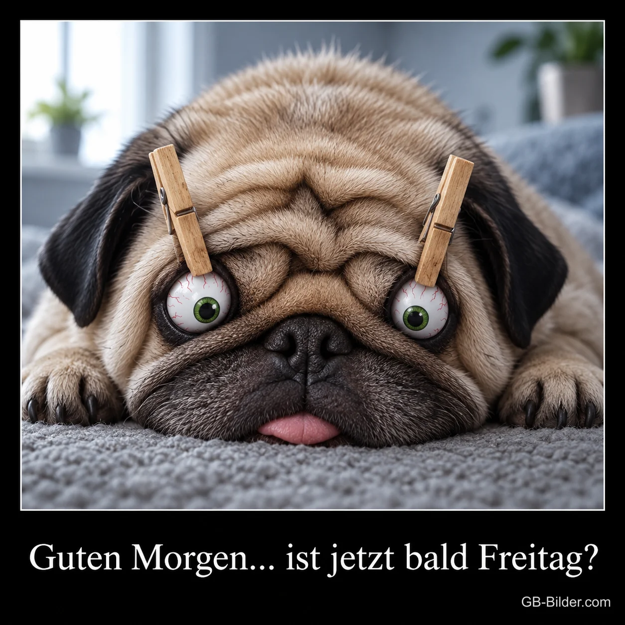 Mops mit Wäscheklammern an den Augenlidern, Text: Guten Morgen... ist jetzt bald Freitag?