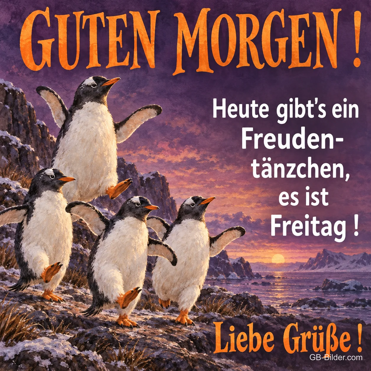 Tanzende Pinguine, Text: GUTEN MORGEN