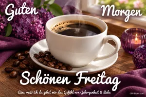 Tasse Kaffee mit Kaffeebohnen neben Flieder und Windlicht, Text: Guten Morgen – Schönen Freitag. Eins weiß ich: du gibst mir das Gefühl von Geborgenheit & Liebe