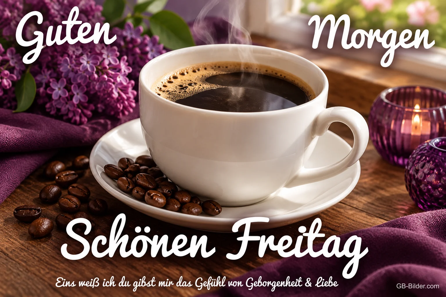 Tasse Kaffee mit Kaffeebohnen neben Flieder und Windlicht, Text: Guten Morgen – Schönen Freitag. Eins weiß ich: du gibst mir das Gefühl von Geborgenheit & Liebe
