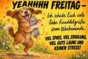Lachender Hund tanzt mit einer Maus im Arm auf einer Herbstwiese, Text: YEAHHHH FREITAG – Ich schicke Euch viele liebe Knuddelgrüße zum Wochenende. VIEL SPASS, VIEL ERHOLUNG, VIEL GUTE LAUNE UND KEINEN STRESS!