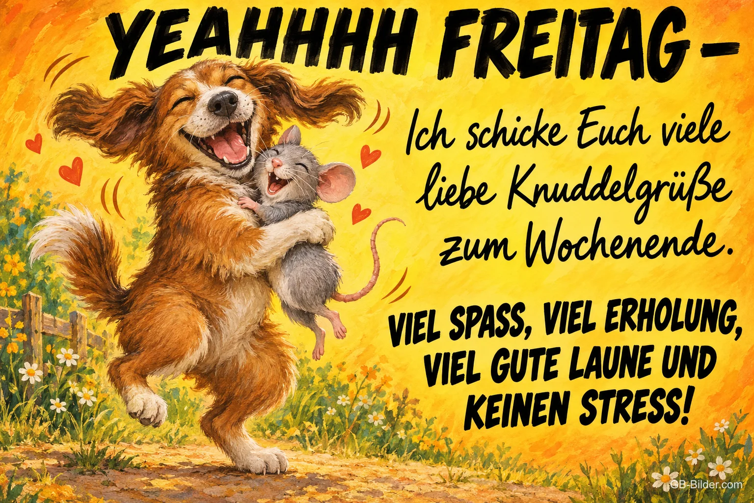 Lachender Hund tanzt mit einer Maus im Arm auf einer Herbstwiese, Text: YEAHHHH FREITAG – Ich schicke Euch viele liebe Knuddelgrüße zum Wochenende. VIEL SPASS, VIEL ERHOLUNG, VIEL GUTE LAUNE UND KEINEN STRESS!
