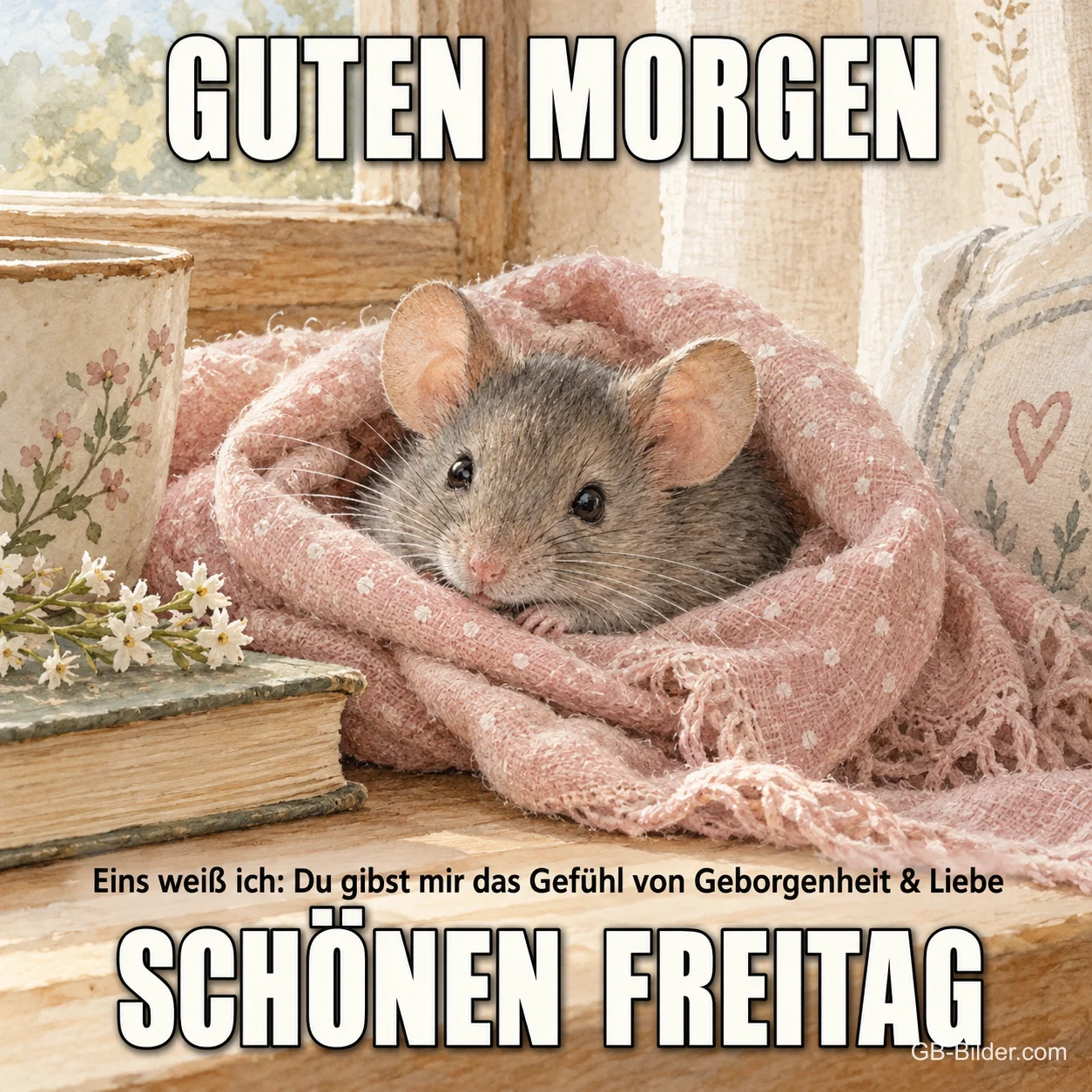 Maus in einem rosa Schal auf der Fensterbank, Text: Guten Morgen – Du gibst mir das Gefühl von Geborgenheit und Liebe. Schönen Freitag Maus in einem rosa Schal auf der Fensterbank, Text: Guten Morgen – Du gibst mir das Gefühl von Geborgenheit und Liebe. Schönen Freitag