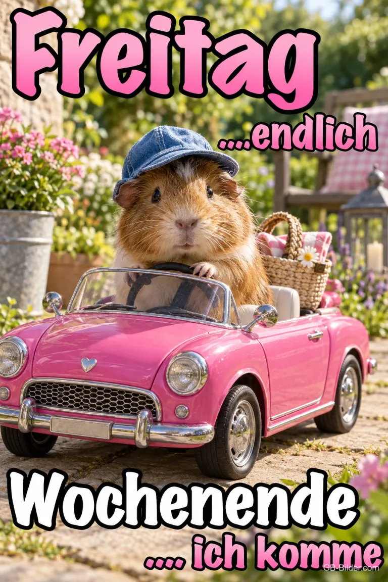 Meerschweinchen mit Hut im rosa Cabrio, Text: Freitag … endlich Wochenende … ich komme