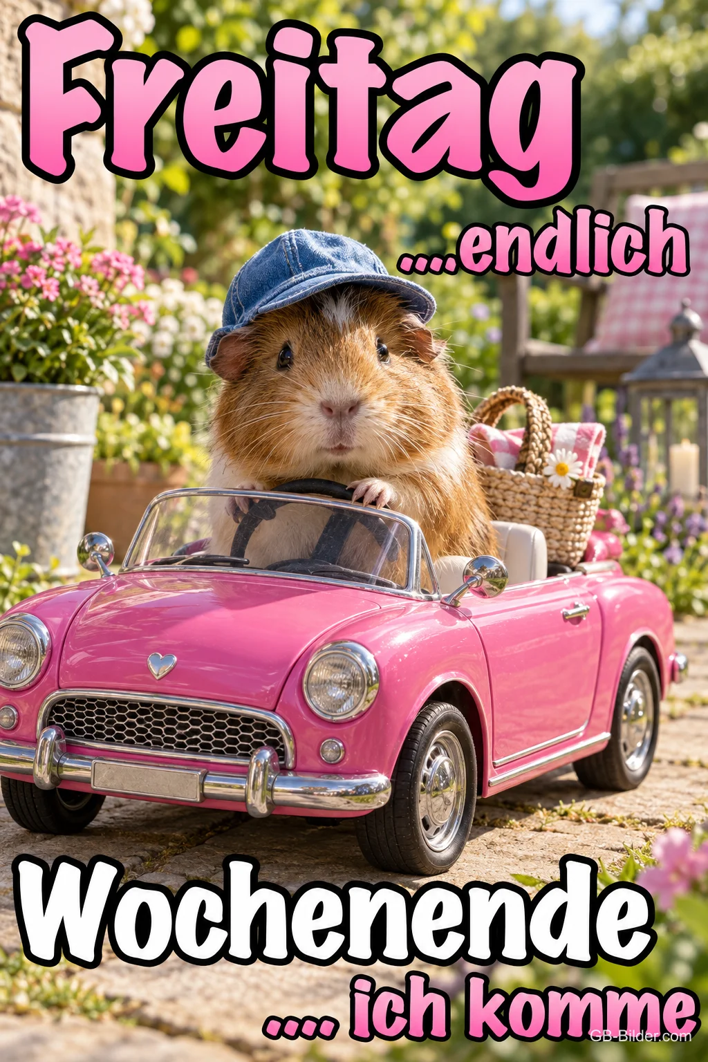 Meerschweinchen mit Hut im rosa Cabrio, Text: Freitag … endlich Wochenende … ich komme Meerschweinchen mit Hut im rosa Cabrio, Text: Freitag … endlich Wochenende … ich komme