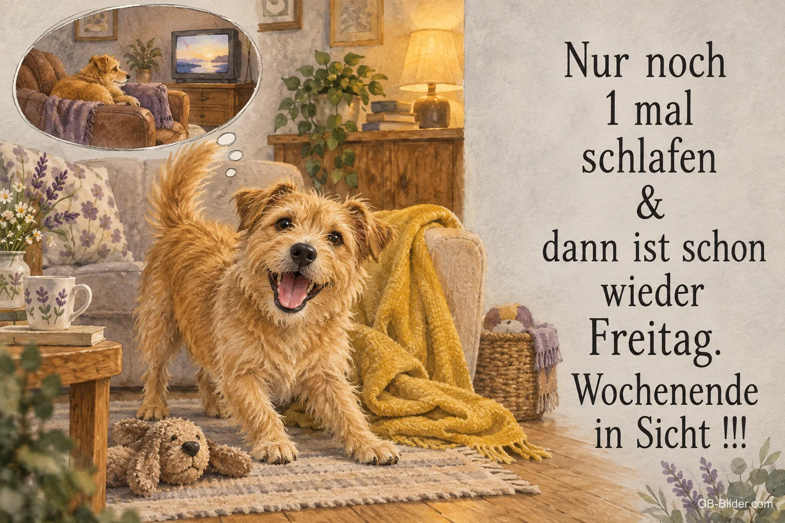 Fröhlicher Terrier im Wohnzimmer, Text: Nur noch 1 mal schlafen und dann ist schon wieder Freitag