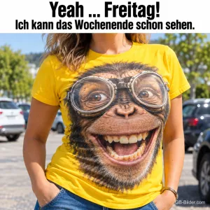 Frau im gelben T-Shirt mit lachendem Affen mit Fliegerbrille, Text: Yeah … Freitag! Ich kann das Wochenende schon sehen.