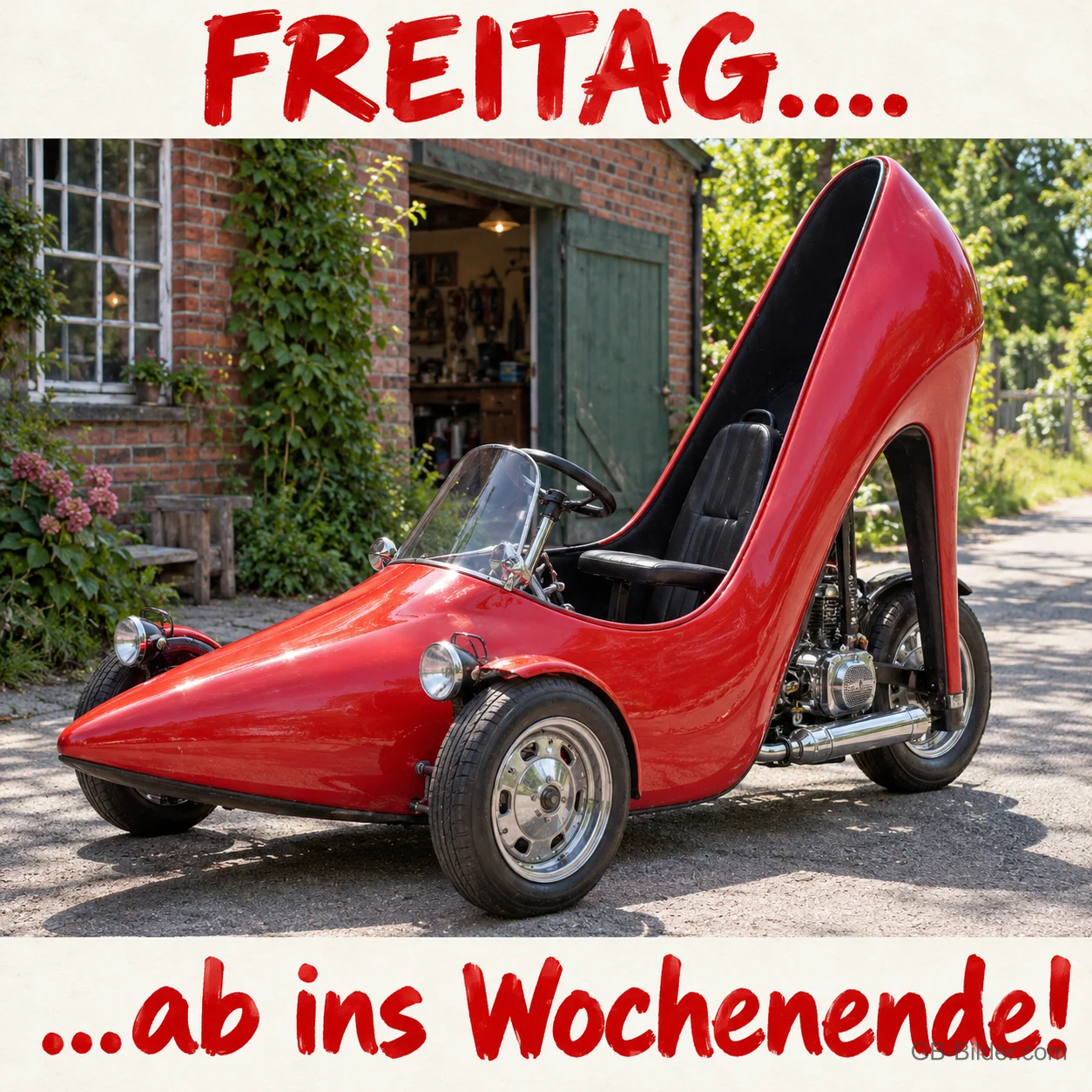 Rotes Stöckelschuh-Auto, Text: Freitag... ab ins Wochenende!