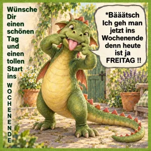 Frecher grüner Drache im Garten, Text: Ich geh man jetzt ins Wochenende, denn heute ist ja Freitag!