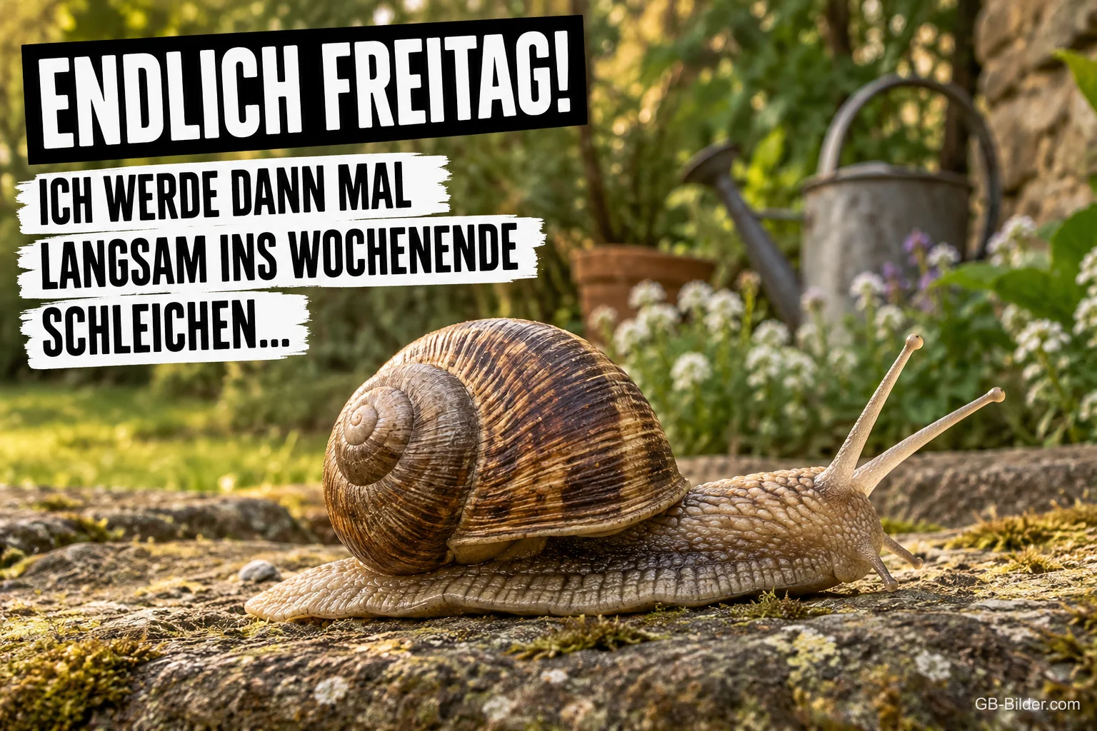 Weinbergschnecke auf einem Stein, lustiger Spruch: Endlich Freitag! Langsam ins Wochenende schleichen Weinbergschnecke auf einem Stein, lustiger Spruch: Endlich Freitag! Langsam ins Wochenende schleichen